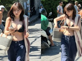 出國就要大解放!甜美萌妹一到國外就只穿內衣爆乳趴趴走