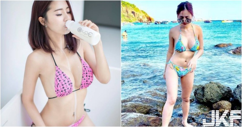 乳香四溢！豐滿大奶妹「鮮奶淋乳」畫面好邪惡！海邊穿比基尼都快「晃出來」了！