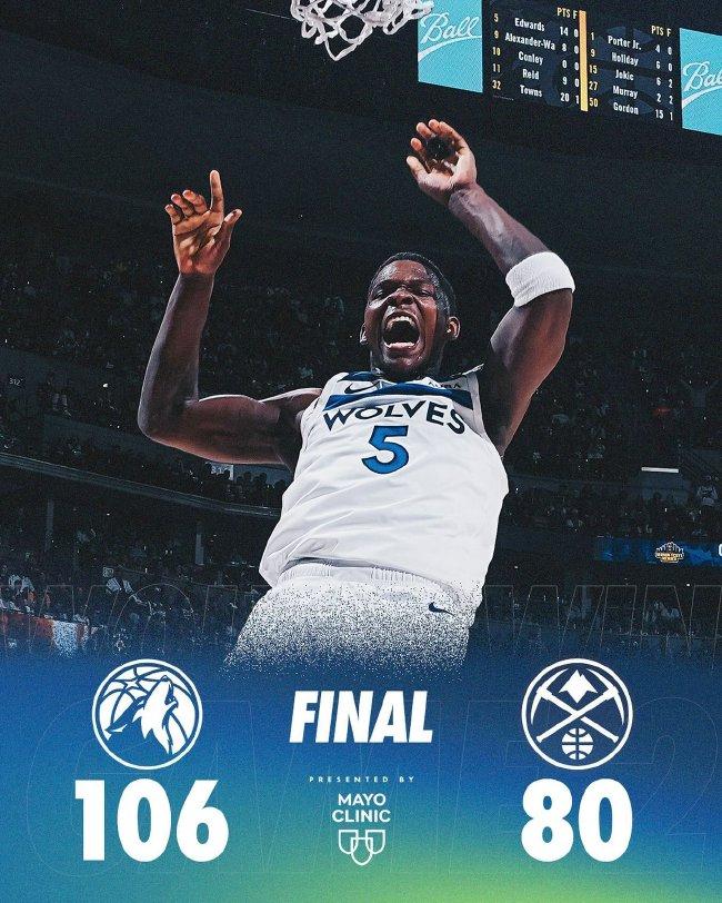 【博狗体育】爱德华兹27分唐斯27+12 森林狼大胜掘金2-0